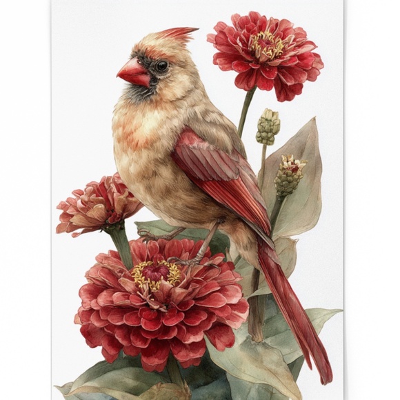 Watercolor Female Cardinal Bird with Flowers Wall Art Print Unframed - Picture 2 of 6